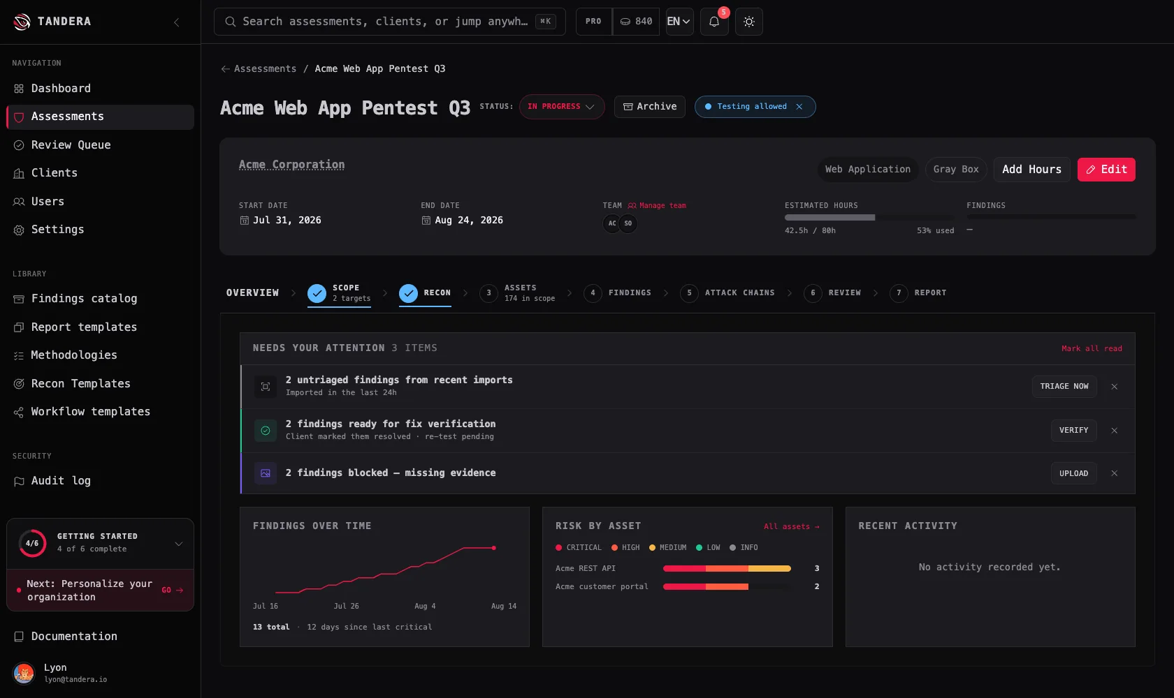 The Tandera engagement view for a web app pentest, with the stage bar reading scope, recon, assets, findings, attack chains, review and report.